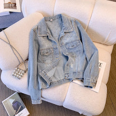 Hnewly Women Denim Jacket Spring Autumn 2025 New Popular Sweet Luxury Beaded Short Top Loose Long Sleeve Lapel Single Breasted Coat