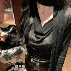 Hnewly y2k Mesh Shirt Women Party Glitter See Through Cowl Neck Long Sleeve Tops 2000s Aesthetic Clothing Club Streetwear