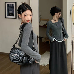 HnewlyT-shirts Women Fake 2 Pcs Spring Autumn Slim Tops Long Sleeve Korean Retro Female Stylish All-match Young Style Basic Clothes