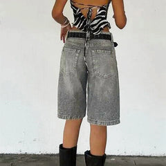 Hnewly Y2k Bermuda Denim Shorts Low Waist Loose Fit Baggy Jorts with Pockets Summer Vintage Wide Leg Jeans Cyber Grunge Streetwear