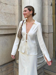 Hnewly Elegant Solid Satin Lace Up Short Shirt Women Chic Long Sleeve Deep V Neck Hollow Out blouse 2025 New Ladies Commute Office Wear