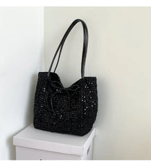 Hnewly Women Bag Ladies Leisure Solid Color Totes Bag Large Capacity Sequins Handbag Luxury Sparkling Bucket Bag Women's Shoulder Bags