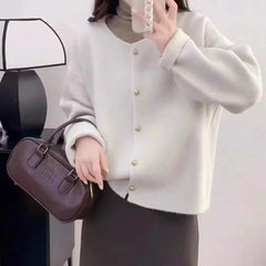 Hnewly Women Sweater Cardigan Polished Gold Button Up Soft Knitted Long Sleeve Sweater Jacket Top Fall Winter Korean Ladies Chic Outfit