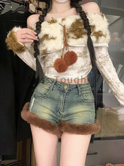Hnewly winter club outfits American Y2k Hottie Blue Jeans Women's Spring Versatile Skinny Shorts Fashion Design Washed 2000s Fur Streetwear Slim Pants New