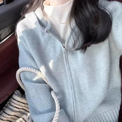 Hnewly Milk Fufu Lazy Blue Double Zipper Hooded Knitted Cardigan Women's Autumn and Winter Design Sense Short Sweater Jacket