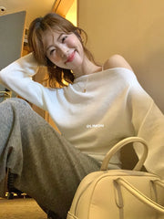 Hnewly Off The Shoulder Knit Top Pullover Women Lightweight Thin Long Sleeve Plain Jumper Knitwear Autumn Winter Y2K Outfit