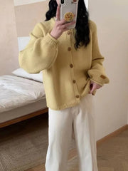 Hnewly Women Sweater Cardigan Soft Knitted Button-Down Long Sleeve Plain Sweater Jacket Top Fall Winter Korean Ladies Chic Outfit