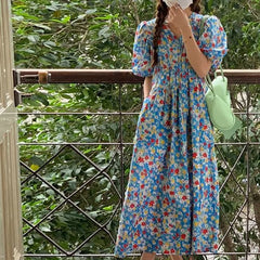 Hnewly Vestidos Mujer Sweet Spring Summer Blue Print Floral Vintage Woman Dress Korean Fashion Puff Sleeve Long Dress