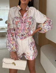 Hnewly Women's Fashionable Two - Piece Set, A Floral Print Button - Front Blouse Combined with Shorts, Completed with a Belt Detail.