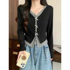Hnewly Bow Button Knit Top Fake Two-piece V-Neck Crop Long Sleeve T-Shirt for Women Teen-girl Autumn Winter Y2K 90s Outfit