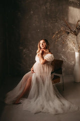 Hnewly Sheer Elegant Maternity Dresses Drop Shoulders Gown with Pearls Beads High Slit Dress for Pregnant Wife Valentines Gift