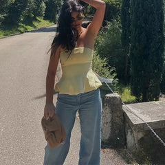 Hnewly KONDALA Sexy Butter Yellow Cami Ruffles Tube Top Women Fashion Summer Strapless Y2K Girl Streetwear Tops Holiday Party Tops