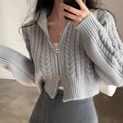 Hnewly Gray Cardigans Women Vintage Twist Crop Sweaters Autumn Zip-up Knitwear Outerwear Tender Korean Fashion Ladies Casual Streetwear