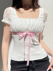 Hnewly Sweet Y2K Ruched Square Collar Lace Sleeve White T Shirt Women Pink Bow Cute Kawaii Balletcore Clothes