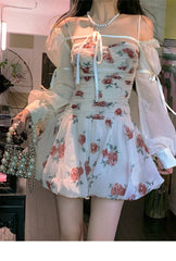 Hnewly Sweet Floral Sexy Strap Dress Women Folds Designer Casual Mini Fairy Dress Female 2024 Summer Puff Sleeve Korean Princess Dress