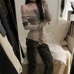 Hnewly y2k Grunge Tops Women Fairycore Clothes Contrast Cross Off Shoulder Long Sleeve T Shirts 2000s Goth Clothing Streetwear