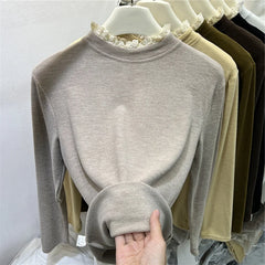 Hnewly Lace Patchwork Half High Collar T-shirt Women's Autumn Winter New Slim Fit Plush Warm Top Korean Commuting Versatile Pullover