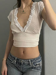 Hnewly Sweet Cute Lace Trim Mesh T Shirt Sexy Slim Deep V-Neck Short Sleeve Tees Women 2024 Summer Fashion Streetwear Ladies