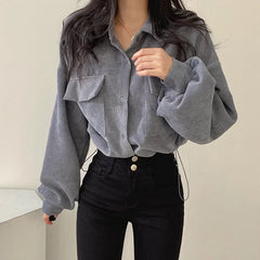 Hnewly Corduroy Women Casual Shirts Autumn Korean Retro Pockets Female Blouse Bandage All Match Long Sleeve Ladies Ladies Crop Tops