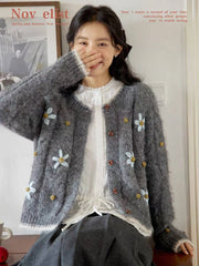 Hnewly Flower Embroidery Knitted Sweater Cardigan 2025 Spring Autumn Soft Single-breasted Top Women Korean Style Loose Long Sleeve Coat