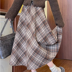 Hnewly Autumn Winter Vintage Plaid Mid Skirt Women Koeran A-Line Elastic Waist Skirts Woman Comfortable High Waist Skirt Mujer