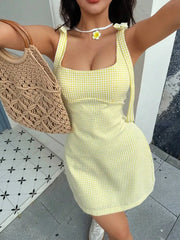 Hnewly Yellow Gingham Mini Dress With Bow Tie Straps Square Neckline Casual Summer