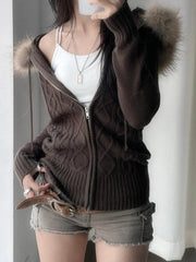 Hnewly Solid Hooded Knitted Autumn Winter New Sweater Cardigan Women Long Sleeve Retro Causal Style Korean Sweater Coat