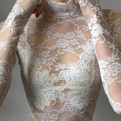 Hnewly Transparent Lace Crop Top Women Elegant Sexy Solid White Long Sleeve Slim T-shirt Korean Fashion Shirts y2k Aesthetic Tee