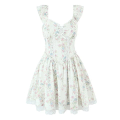 Lunivop French Style Floral Print Mini Summer Dress Women Flying Sleeves V Neck Lace Spliced A-line Dresses Party Robe Vestidos