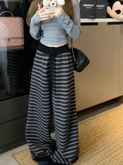 Hnewly Harajuku Fashion Stripe Wide Leg Trousers Vintage Grunge Loose Knitted Casual Pants Y2k Aesthetic Women Straight Long Pants