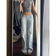 Hnewly Light Blue Low Waist Jeans Woman Streetwear American Vintage Denim Pants Female Casual Washed Straight Pantalons Mujer Fall