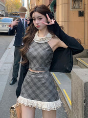 Hnewly 2 Piece Skirt Sets Kawaii Plaid Lace Floral Outfit Women Bodycon Sleeveless Y2k Crop Tops + Skirts Summer New Y2k Vintage Suits