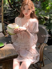 Hnewly Women Print Lace Two Pieces Sets French Elegant Spliced Ruffles Slim Waist Lace-up O-Neck Top + Cake A-Line Skirt Summer Fashion