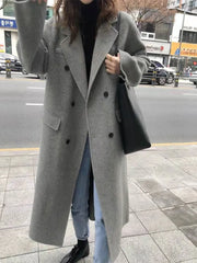Hnewly Office Lady Suit Collar Long Woolen Jackets Winter Korean Style Double Breasted Long Loose Women 100% Wool Coats