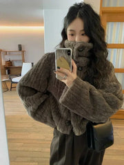 Hnewly Vintage Cropped Stand Neck Loose Casual Jacket Japanese Streetwear Fashion Fluffy Coats Y2k Aesthetic Grunge Women Chaqueta Coat