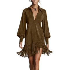 Hnewly Womens' Fashion Solid Color Sexy Deep V-neck Tassel Dress Loose Retro Batwing Long Sleeve Pullover Dress Daily High-end Clothes