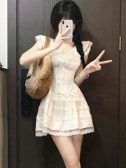 Hnewly Y2k Coquette White Lolita Sweet White Kwaii Cute Mini Dress Women Lace Bow Princess Slip Lace Short Dresses 2024 Fashion