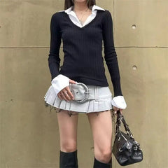 Hnewly Patchwork Fake Two-piece T-shirt Vintage Stitched Streetwear Top Women Y2k Full Sleeve tshirts 2000s Aesthetic Autumn Tops