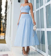Hnewly New Women's Printed Cami Top and Midi Skirt Set Solid Color Sleeveless Pleated Camisole Top and Flared Skirt