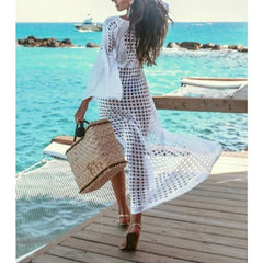 Hnewly Tinaa White Crochet Maxi Cover-Ups Dresses for Women Spring Summer Hollow Out Long Sleeve Side Split Beach Dress