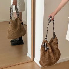 Hnewly Women's Handmade Woven Tote Beach Bag Striped Handle Large Capacity Summer Holiday Fashion Casual Shoulder Bags