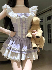 Hnewly Japanese Kawaii 2 Piece Skirt Sets Women Sweet Lace Patchwork Y2k Crop Tops + Slim Pleated Princess Skirt OutfitsVintage Suits