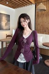 Hnewly Lace Patchwork V-neck 3D Flower T-shirt for Women 2025 New Slim Waist Bottoming Tops Mujer Y2k Long Sleeve Tee Shirt