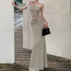 Hnewly Women's Summer One Shoulder Pleated Slimming Top, Slim Fit Half Skirt, Long Skirt Two-Piece Set