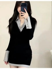Hnewly Sexy Collar Color Block Short Dress Women's Slim Fit Wrap around Skirt Spring Autumn Winter Long Sleeve Breathable Skin ...