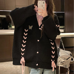 Hnewly y2k Sweaters 2000s Women Butterfly Print Side Drawstring Single Breasted Long Sleeve Loose Cardigan Tops Streetwear