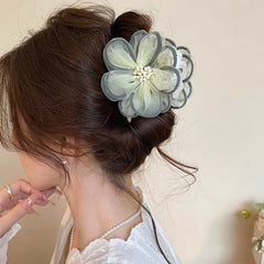 Hnewly 1Pc Elegant Mesh Flower Hair Claw With Faux Pearls Large Clutcher Hair Clip Vintage Sweet Hair Accessory For Women Daily Wear