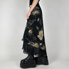 Hnewly Gothic Vintage Skirt Women Florals Print Y2k Mesh Long Skirt Elegant Fashion A-line Layered Skirts Streetwear Aestheics