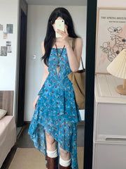 Hnewly Summer Vacation Floral Print Off-Shoulder A-Line Dress Women's Irregular Hemline Slimming Long Dress Korean Style Casual Wear