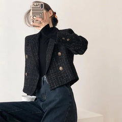 Hnewly Tinaa Luxury Black Jackets Women Short Loose Fit Notched Long Sleeve Spliced Double Breasted Elegant Party Coat